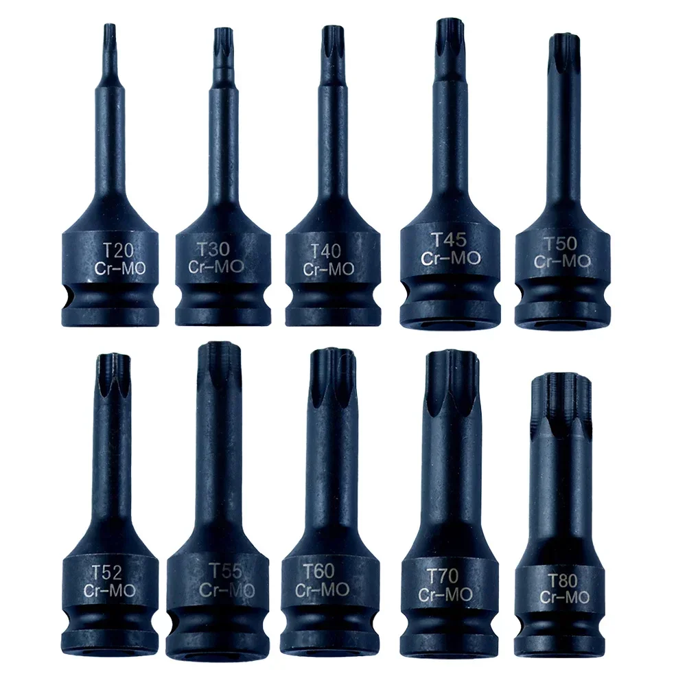 10pcs/kit 1/2 Inch Drive Torx Star Bit Socket Sets T20-T80 Socket Bits Set Replacement Parts Tools With Box