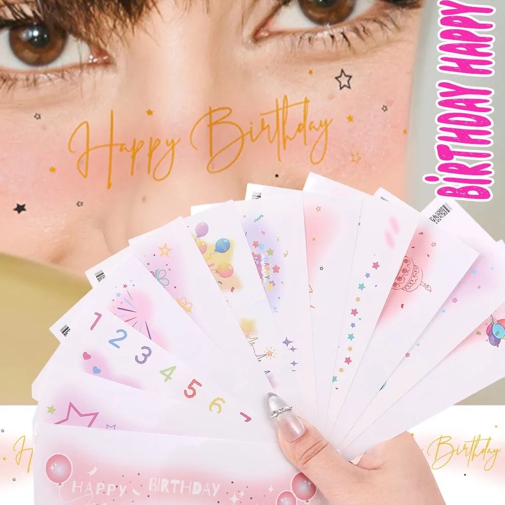 1/12Pcs Birthday Party Temporary Face Tattoo Sticker Water Transfer Cake Balloons Birthday Party Fireworks Blusher Women Tattoos