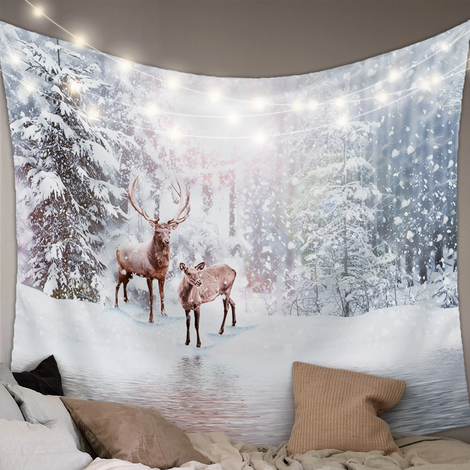 Christmas Forest Snowflakes Reindeer Tapestry Wall Hanging Boho Wall Tapestry Xmas Bedroom Living Room Decor Hanging Cloth