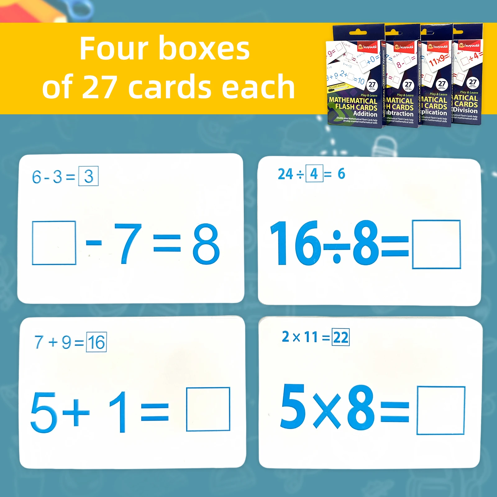 Cartes flash d'apprentissage des mathématiques pour enfants, stylo effaçable inclus, cartes dos, addition, soustraction, multiplication, division, 5-10 ans