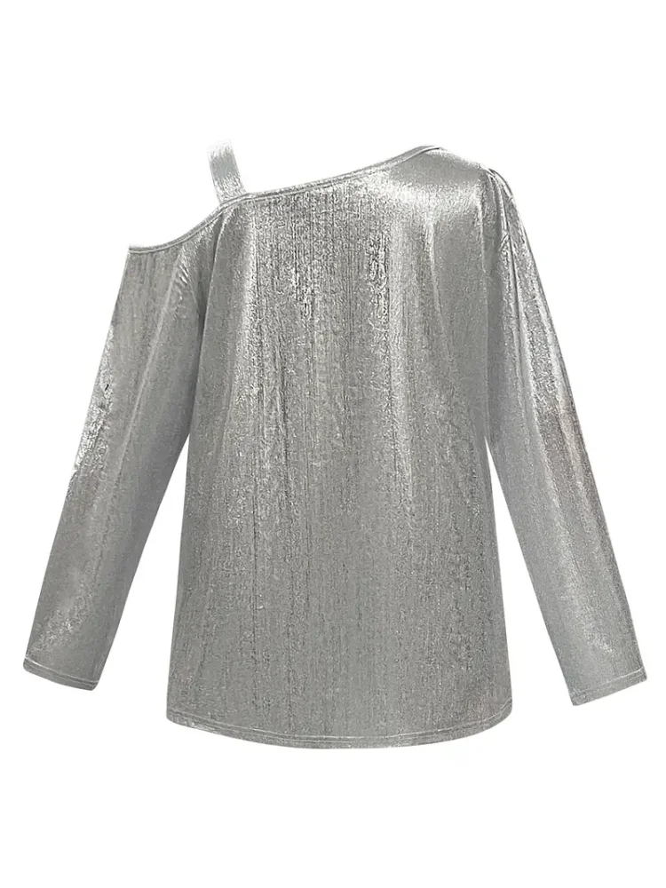Plus Size Cold Shoulder T-Shirt Casual Sequin Long Sleeve T-Shirt Women\'s Plus Size Clothing