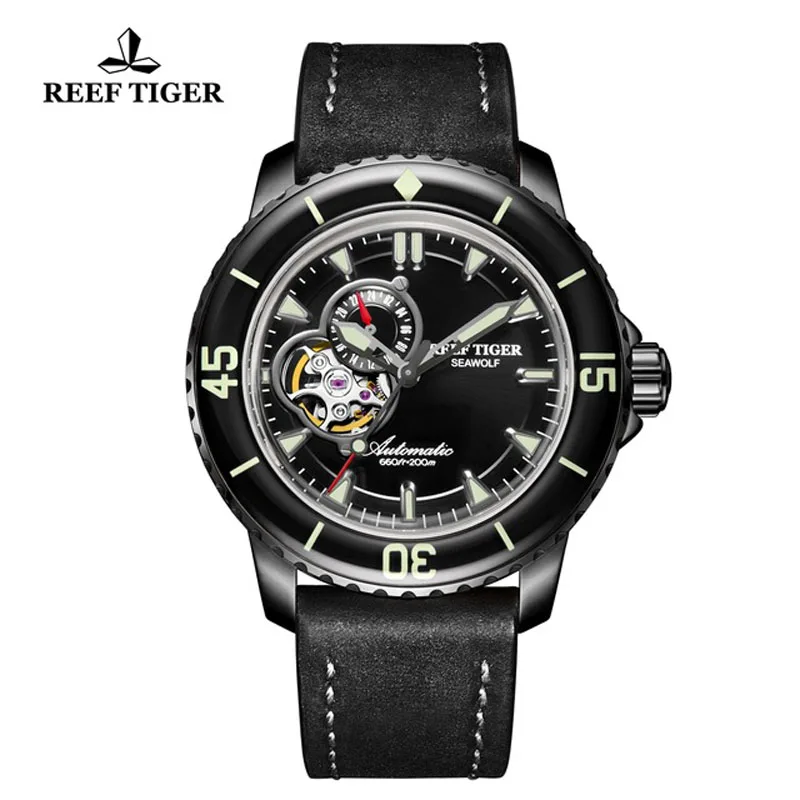 Reef Tiger/RT Reloj de buceo automático para hombre Reloj mecánico resistente al agua de 200m correa de cuero Reloj superluminoso Reloj Masculino