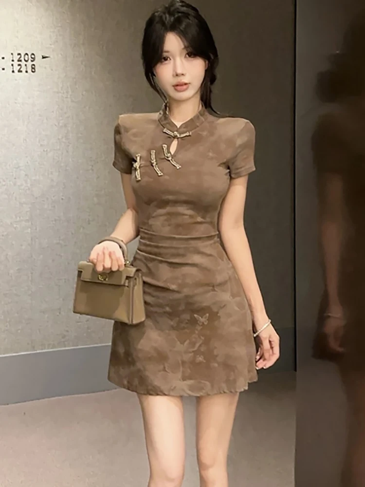 

Summer Print Pleated Bodycon Hip Wrap Mini Dress Women Short Sleeve Stand Collar Casual Dress 2025 Korean Vintage Elegant Dress