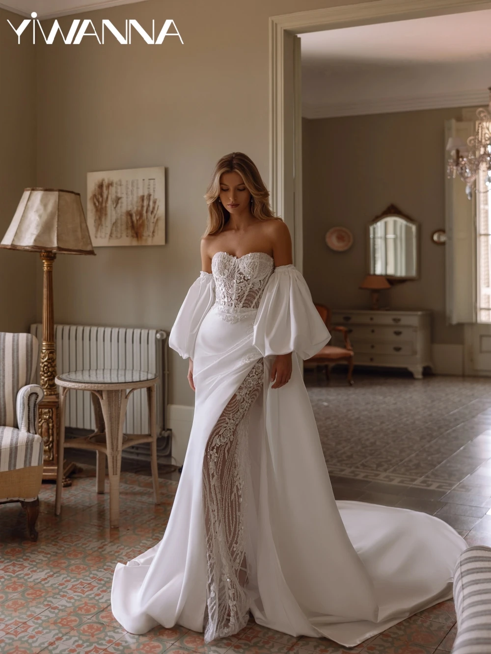 

Detachable Sleeve Beaded Satin Long Wedding Dress Sexy Illusion Side High Slit Bridal Gown Customized Mermaid Dresses For Bride
