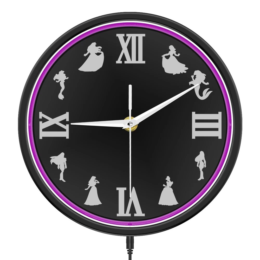 

Mermaid & Princess Glowing Metal Frame Neon Light Wall Clock Fairytale Style LED Backlit Clock for Girl Room Modern Design Decor