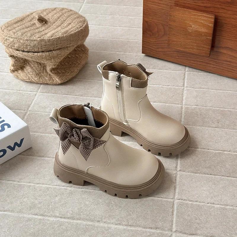 

Girls' Princess Leather Short Boots 2025 Autumn Fashion Bow Ankle Boots Warm Anti-slip Soft Sole Comfortable Children's Footwear