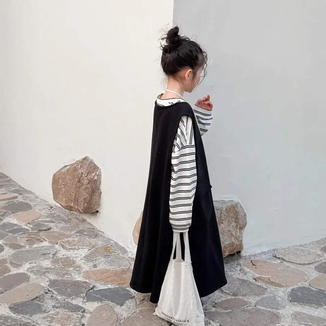 Children's Dress 2025 Spring Baby Girl Korean Solid Color Casual Tank Top Long Dress Children's Sleeveless Loose Strap Dress