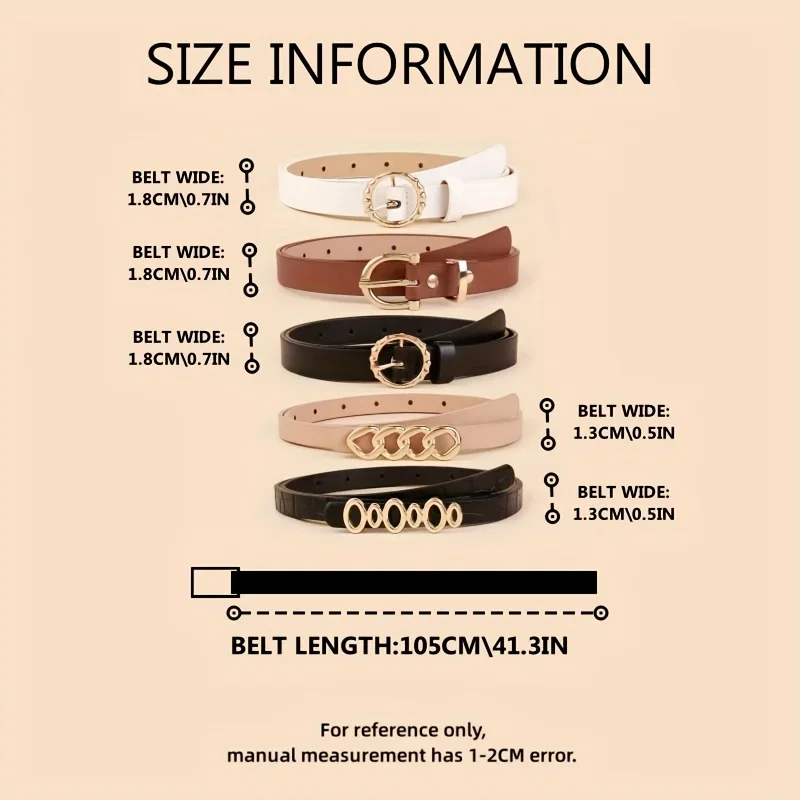 ​ ​ Cinture in PU da 5 pezzi per donna Cinture in vita magre con fibbia in metallo Tinta unita Semplice fibbia ad ardiglione Cintura sottile per pantaloni Jeans Abiti