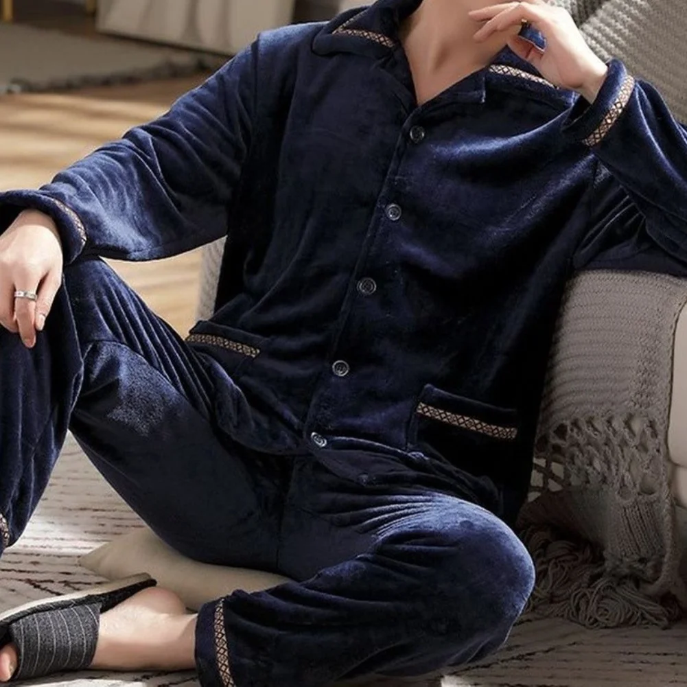 Men's Thickened Fleece Lined Pajama Sets Warm Long Sleeve Lapel Sleepwear Suit For Autumn Winter Home Casual Wear