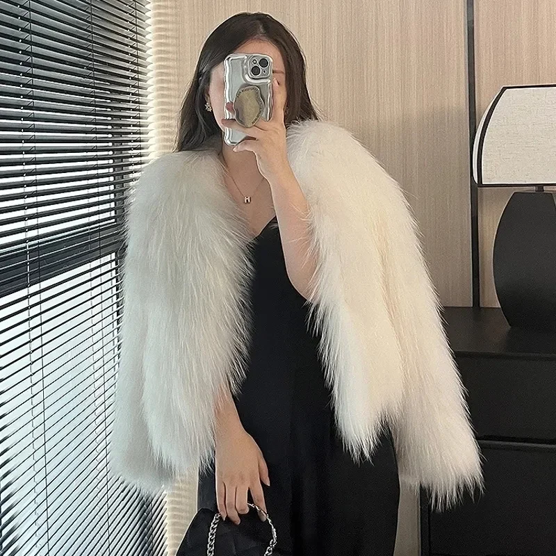 Women Solid Color V-neck Cardigans Faux Fur Autumn Winter Female Loose Faux Fur Coat New Ladies Short Long Sleeves Plush Outwear