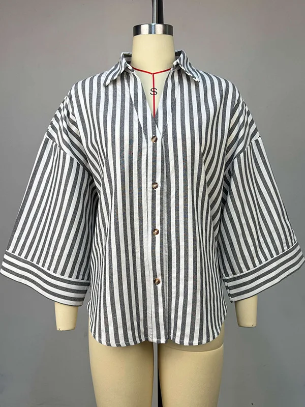 بلوزة نسائية حلوة مخططة irt فضفاضة تناسب Faionable جديدة 2026 بياقة مقلوبة من ألياف البوليستر سبعة Sve طويلة irt