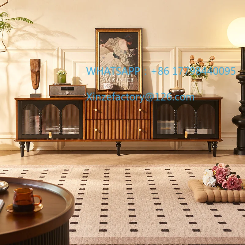 Customizable French Medieval Solid Wood TV Cabinet with Drawers, Living Room Against The Wall Audio-visual Cabinet, American