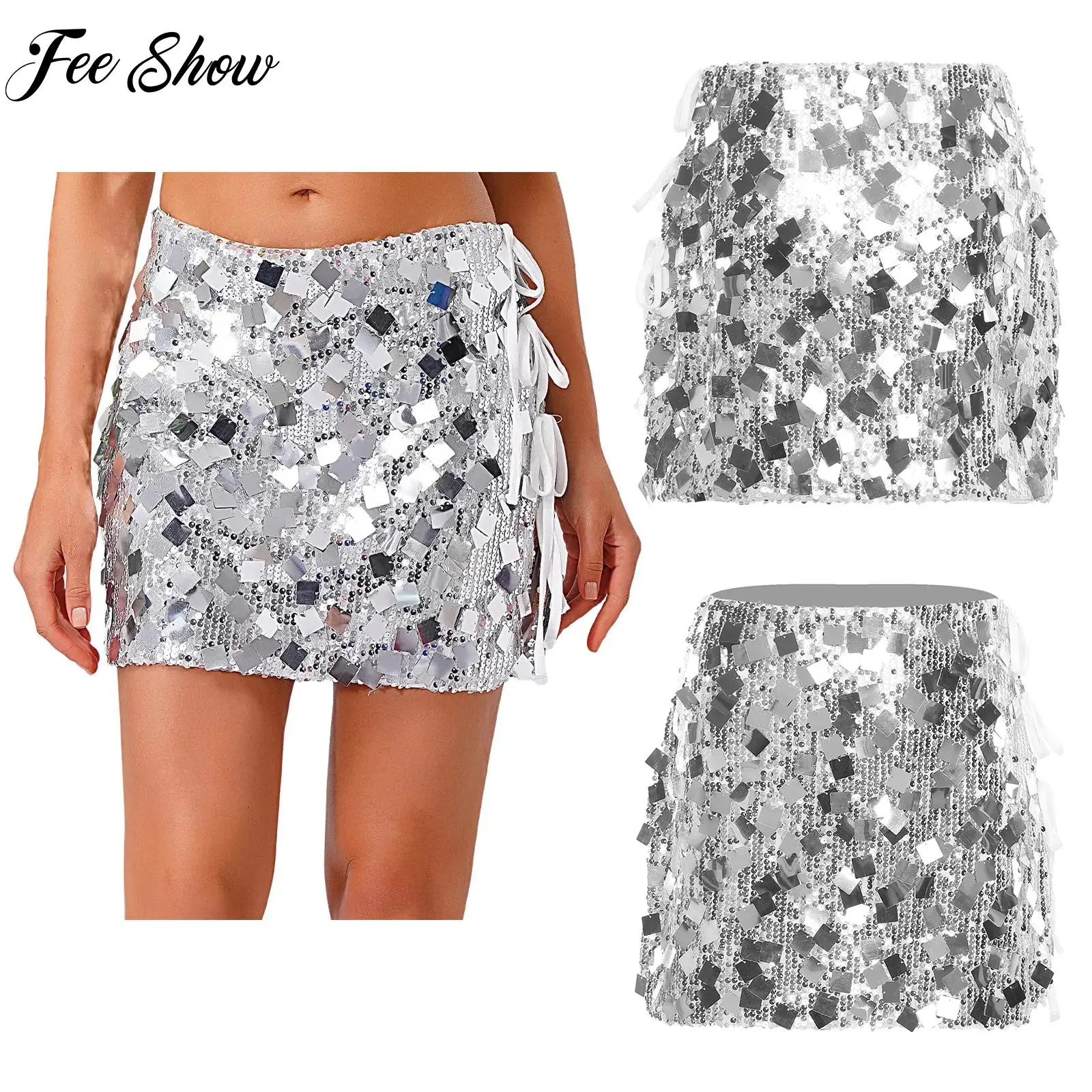 

Sparkly Sequin Mini Skirt Sexy Miniskirt Rave Party Clubwear Sequined Mesh Fully Lined Side Slit Lace-up Bodycon Skirt for Women