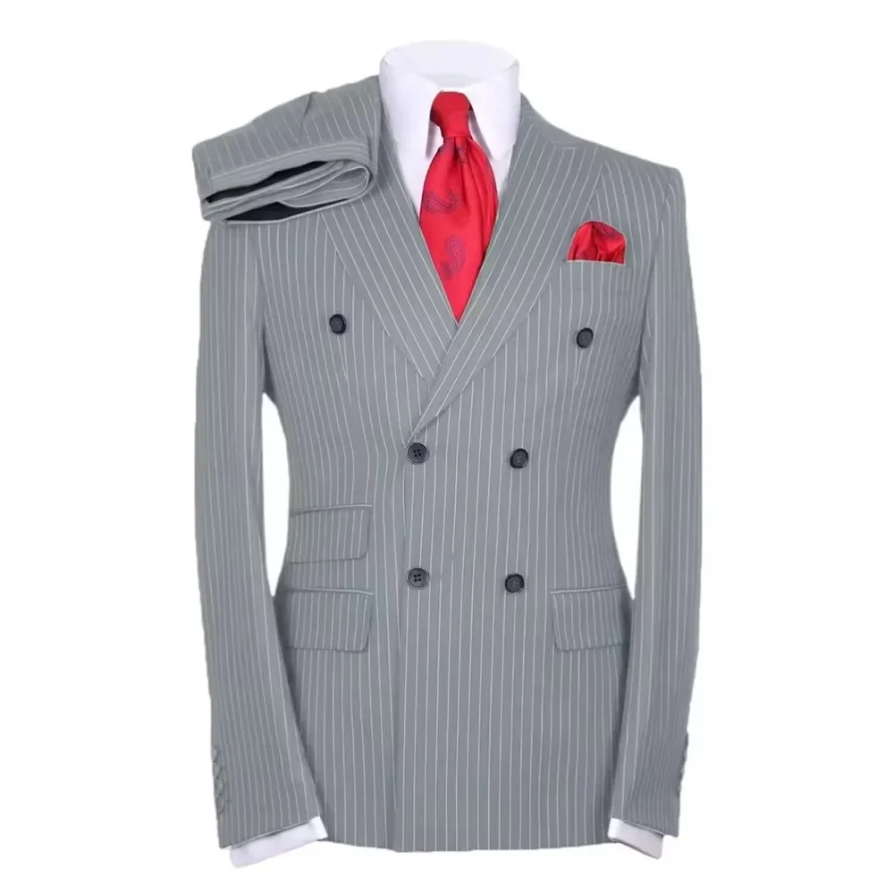 

Elegant Men Suits Stripe Regular Fit 2 Pcs Jacket+Pant Business Wedding Groom Tuxedos Dress Double Breasted Party Costume Homme