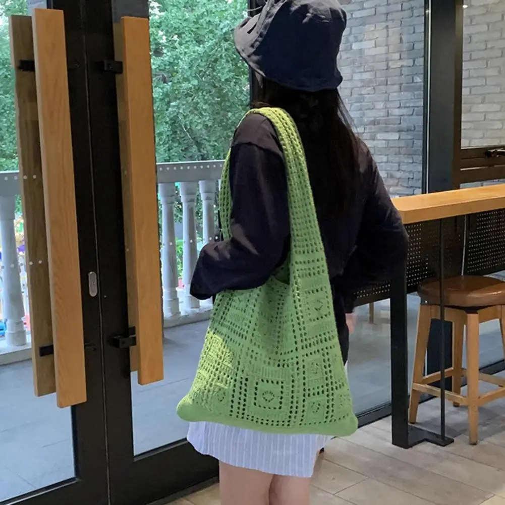 

Women Shoulder Bag Wide Straps Large Capacity Solid Color Handbag Commuting Style Decorative Knitting Shoulder Bag