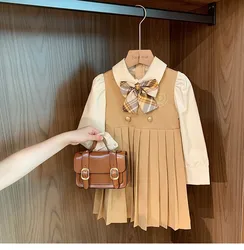 Fashion Autumn Baby Girls School Wears Brown Beige Patchwork Puff Sleeves Dresses Bowknot Decorated Zipper Pleated Skirts