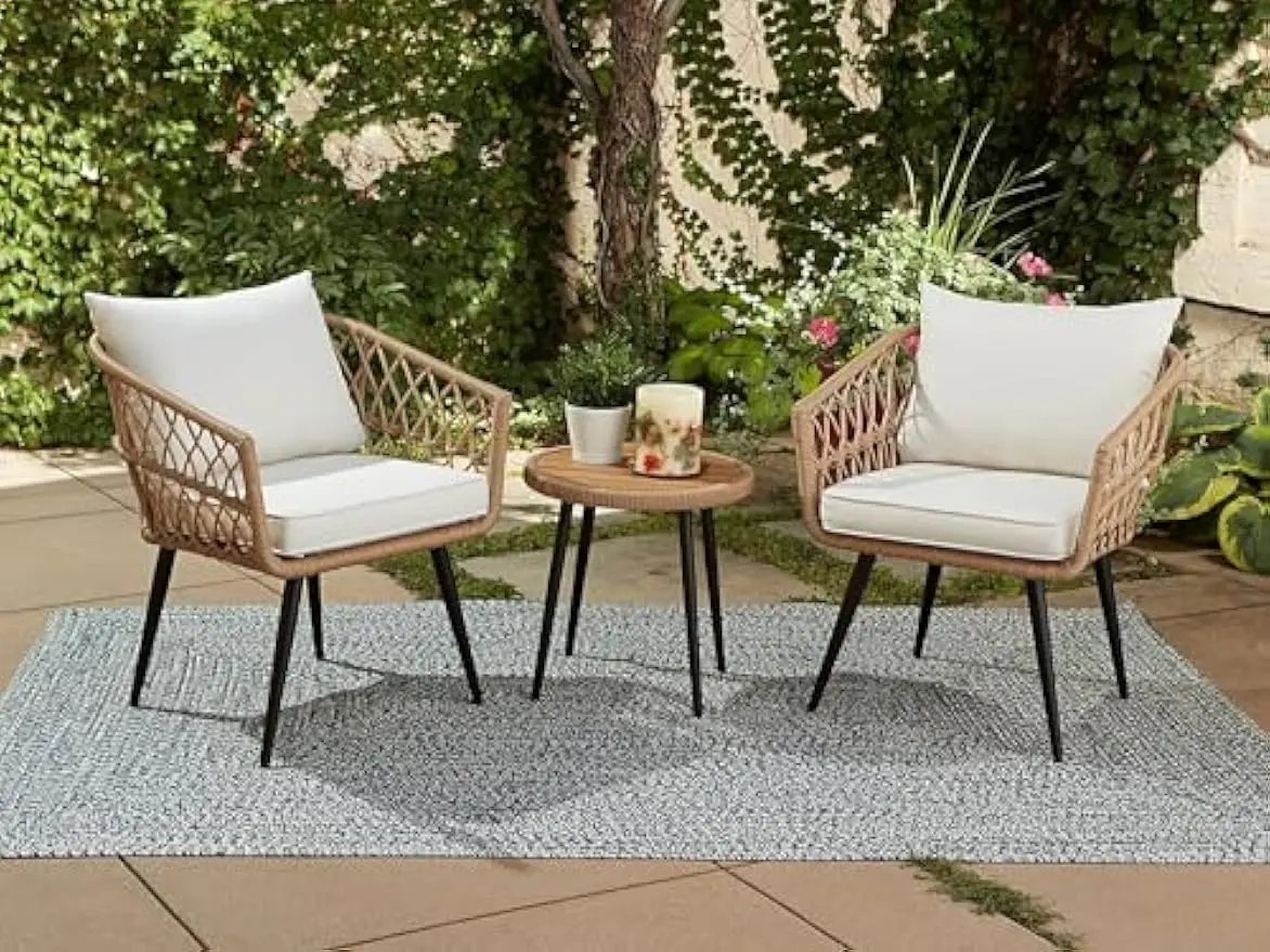 65-YZ03HM Hermosa 3 Piece Chat Set, Aluminum Frame + Tan Wicker + Linen Cushions