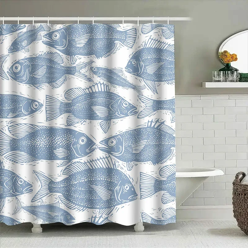 

Занавеска для душа с синей рыбой, декоративная водонепроницаемая ткань для ванной комнаты, коврики для ванной для украшения дома, белый, синий цветочный узор, акварель