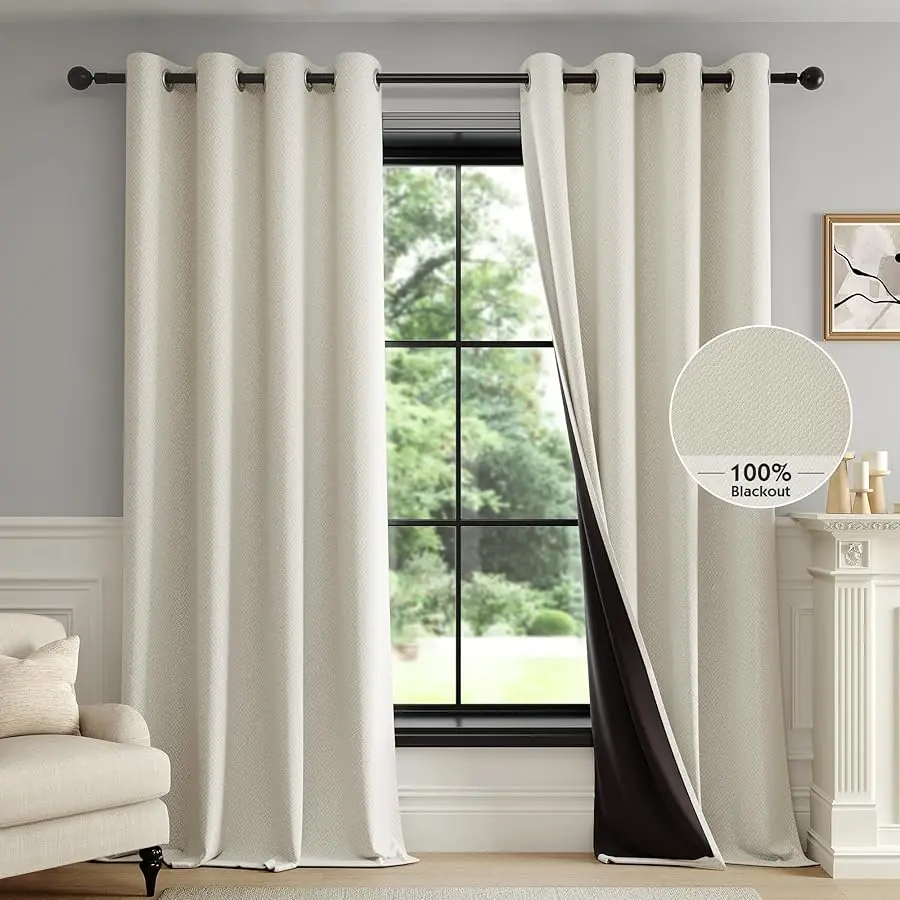 

100% Beige Blackout Curtains for Bedroom, Cream Wea e Textured Curtains 84 Inches Long Thermal Insulated Curtains for Li ing Roo