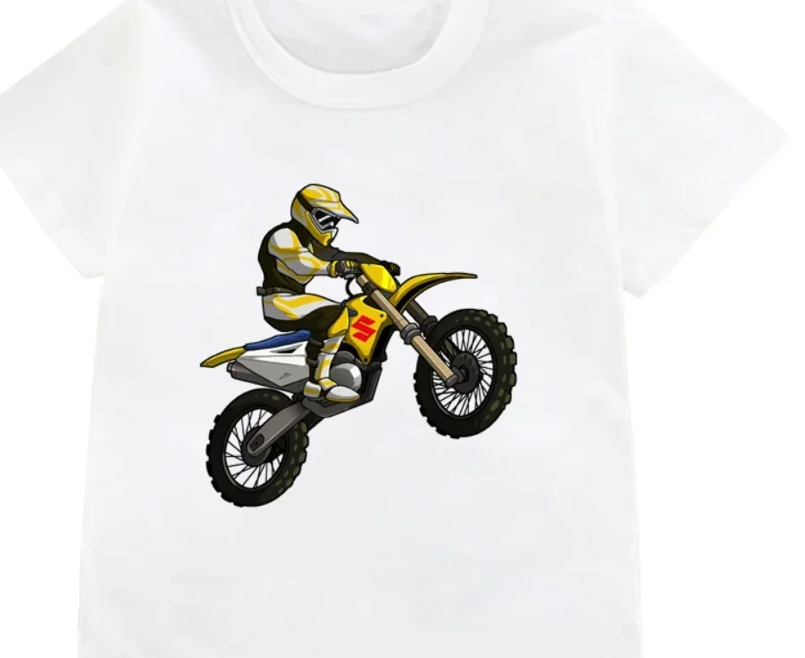 Funny Dirt Bike Motorcycle Print T-shirt Boys Cool White T Shirts Kids Harajuku Summer Short Sleeve Tshirt Tops