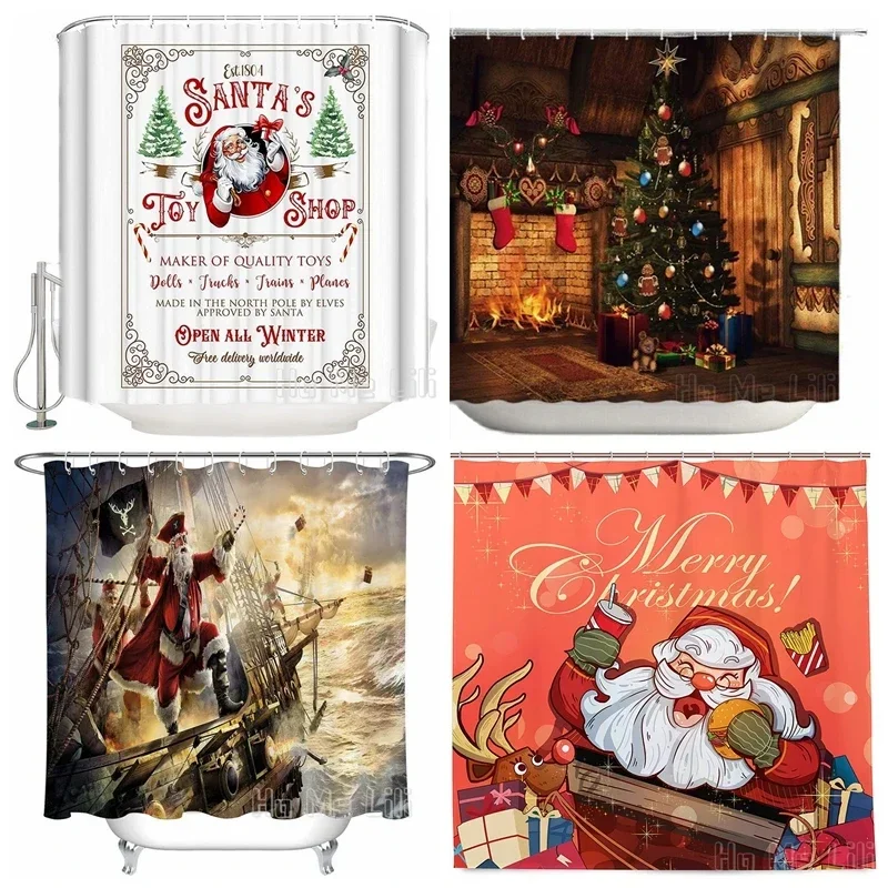 Colorful Christmas Shower Curtain Santa Claus Toy Shop, Merry Pirate Ship Home Decor