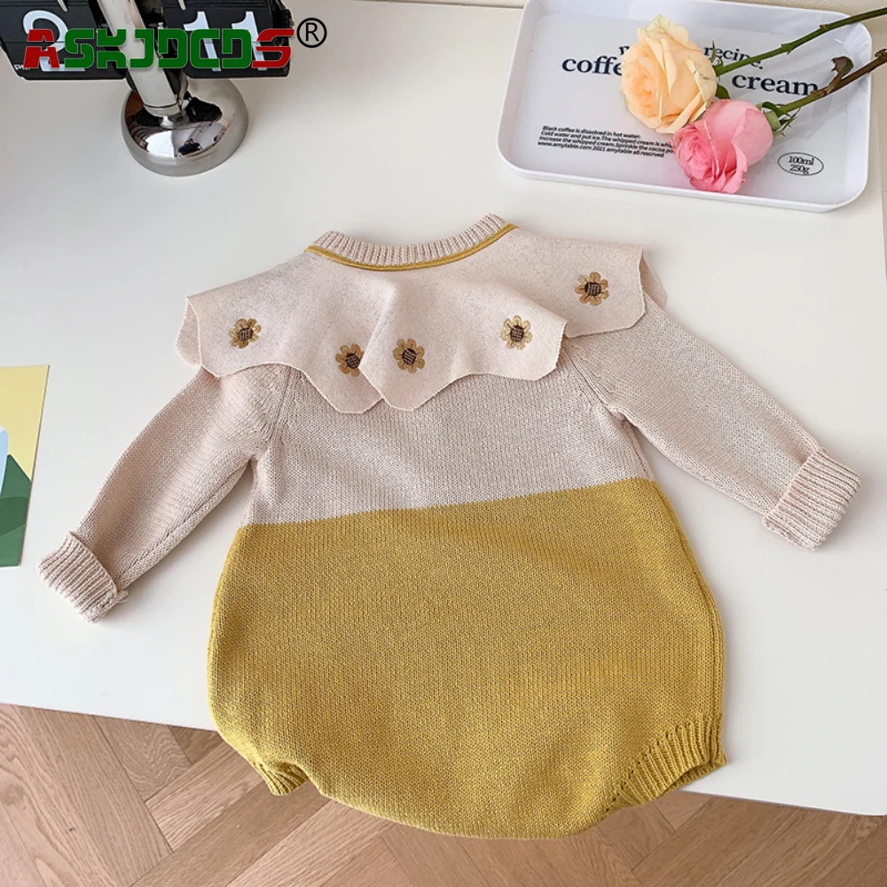 Autumn Newborn Baby Girls Full Sleeve Knitted Ruffles Embroidery Flower 1 piece Bodysuit Infant Kids Clothes for Toddlers 0-24M