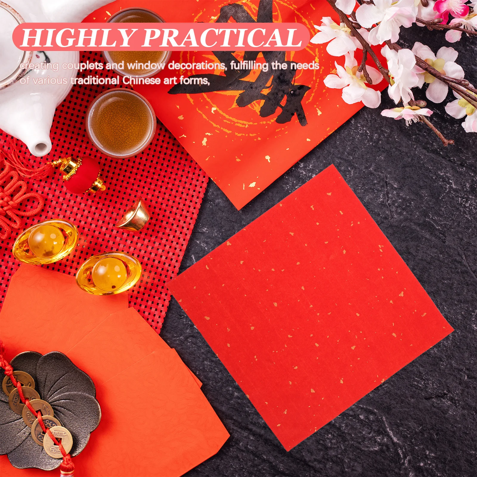 60Pcs Red Calligraphy Paper 22x22 Cm Xuan Rice Sheets for Practice Grid Writing Spring Festival Couplets DIY Lucky