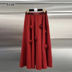 VGH Solid Spliced Appliques Elegant Skirts For Women High Waist Patchwork Zipper A Line Temperamnet Midi Length Skirt Female New