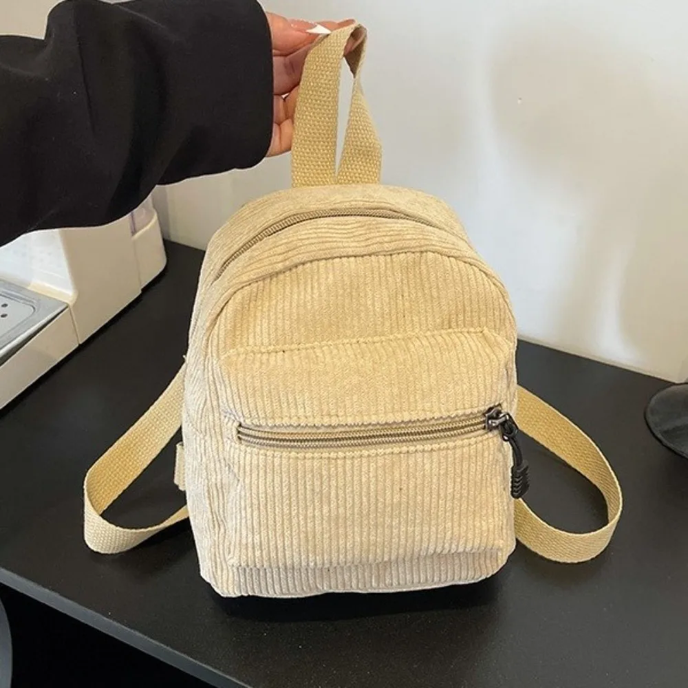 Fashion Solid Color Corduroy Mini Backpack Lightweight Zipper Double Shoulder Bag Multi Pocket Vintage Daypack Casual Travel