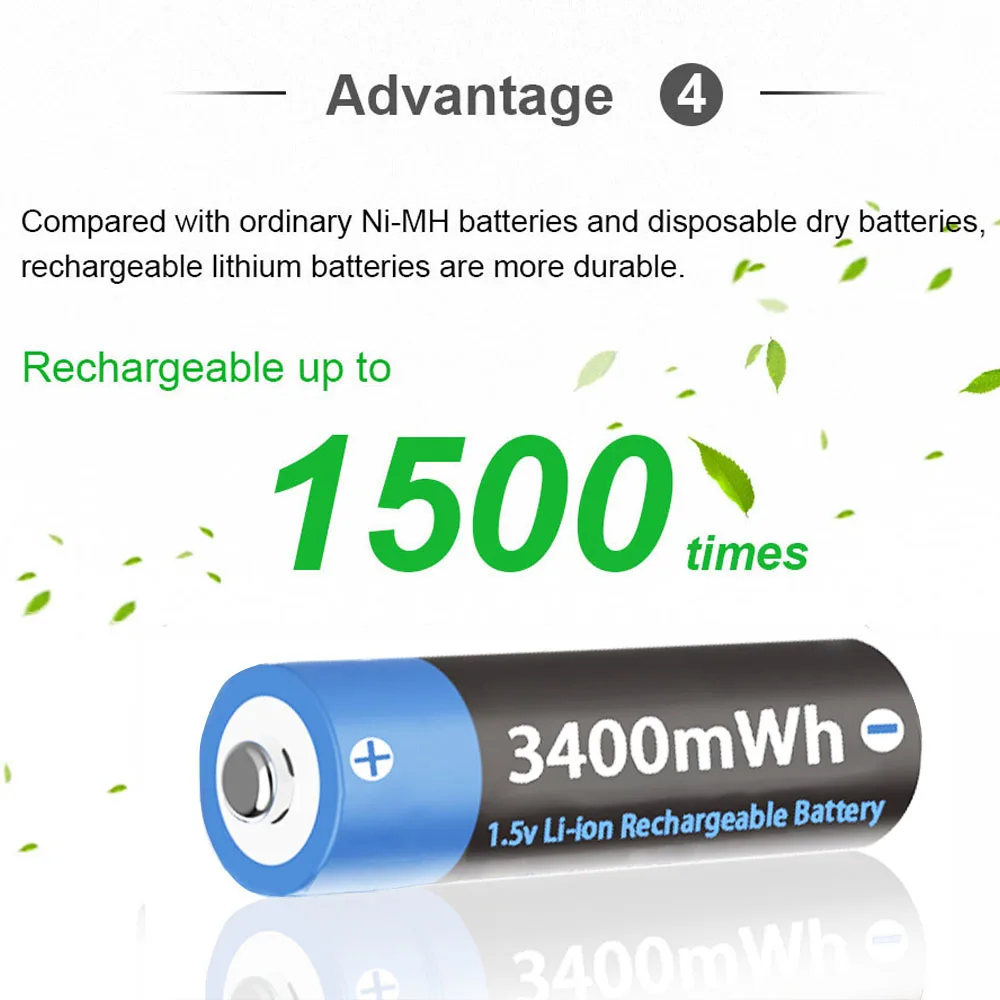 AA Battery 1.5V Li-ion AA Rechargeable Battery 3400mAh AA Lithium-ion Battery for remote control mouse small fan Electric toy