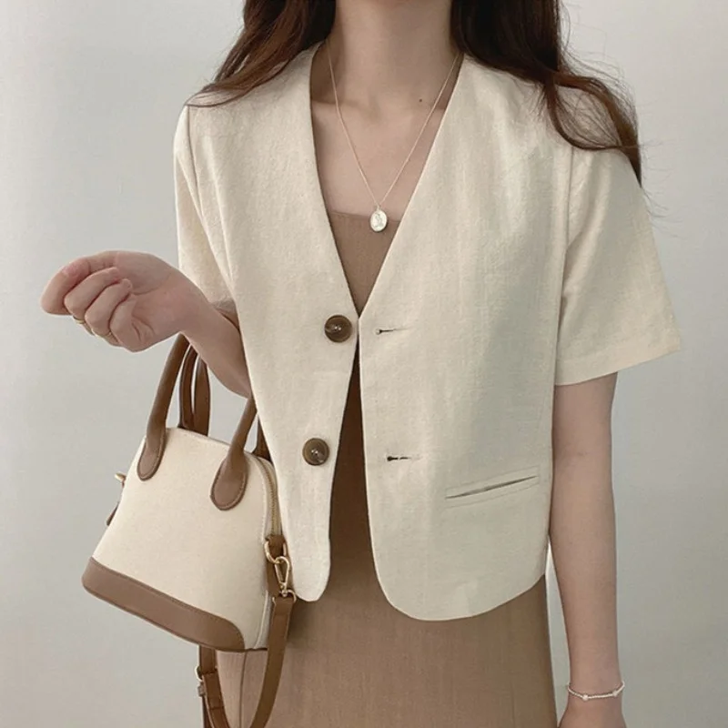 Korean Fashion V-neck Cotton and Linen Casual Short Sleeve Two Button Suit Jacket Women's Summer New Full Set Cardigan Top