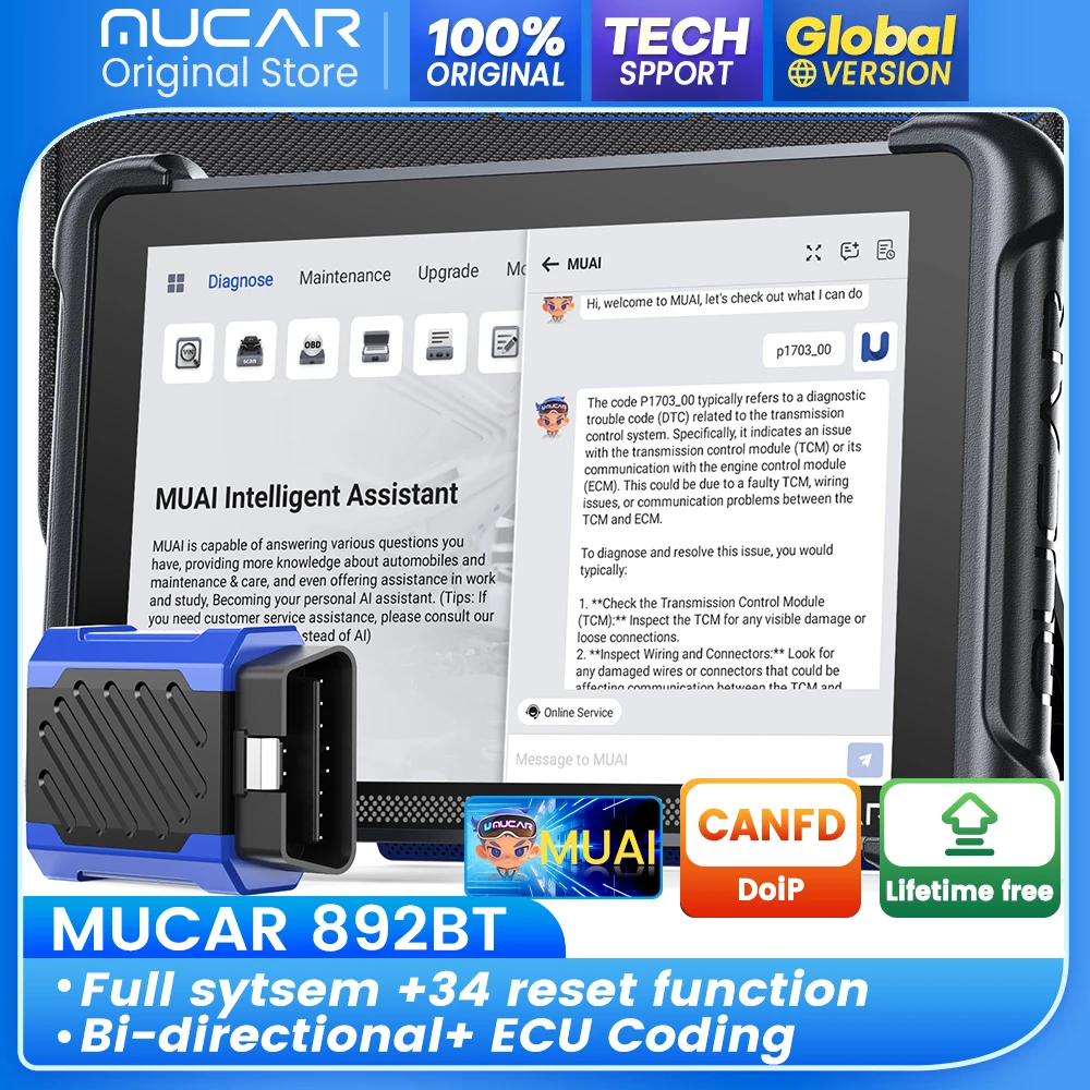 Диагностический сканер MUCAR 892BT OBD2 с функцией программирования ключей, AI-поддержкой, двунаправленным кодированием ЭБУ, CANFD, DOIP, 35 функциями сброса, бесплатное обновление на весь срок службы.