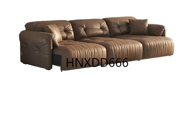 Electric leather sofa living room gray-brown multi-functional retractable leather sofa dual-purpose