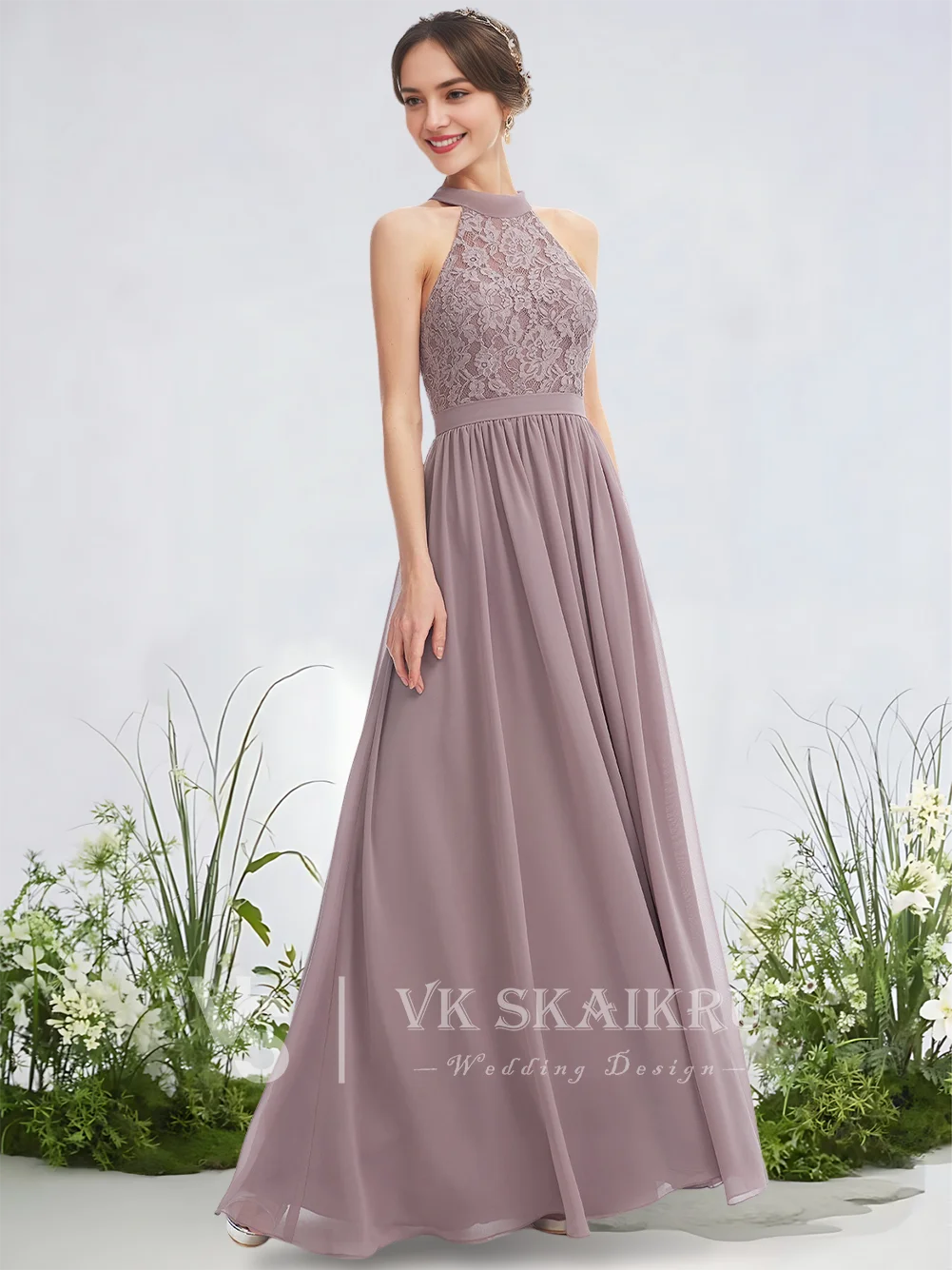 

A Ethereal A-Line Bridesmaid Dresses Frosted Lilac Halter Floor-Length Chiffon Lace Garden Gala Wedding Party Cascading Ruffles
