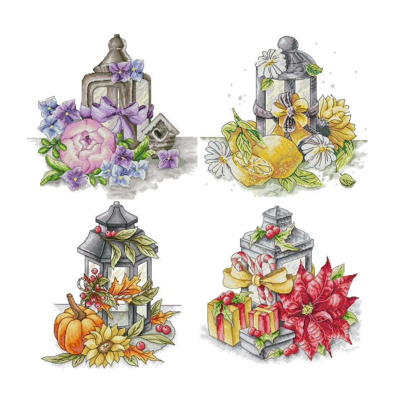 Joy Sunday Cross Stitch Four Seasons of Flowers and Horse Lanterns Printed Cross Stitch Embroidery Kits Set Crosstitch Kit