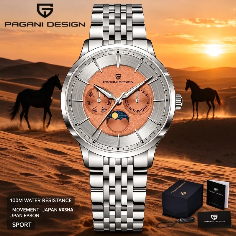 PAGANI DESIGN Moon Phase Week Display Men Quartz Watch 100M Waterproof Stainless Steel Daily Wristwatch