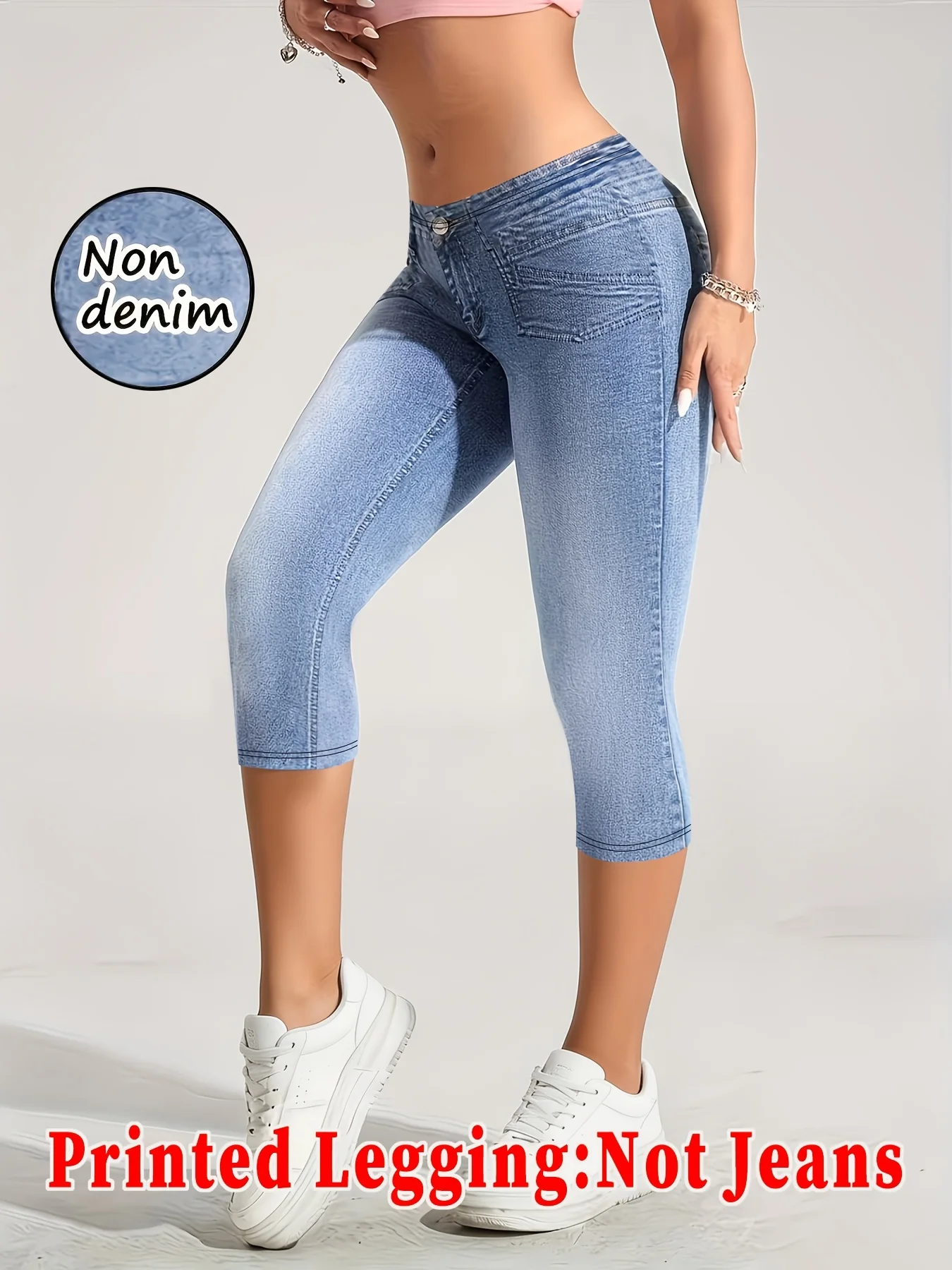 Printed Leggings, Not Denim Fabric, Fake Pocket & Button Print Capri Pants, High‑Stretch New Fashion Skinny Pants