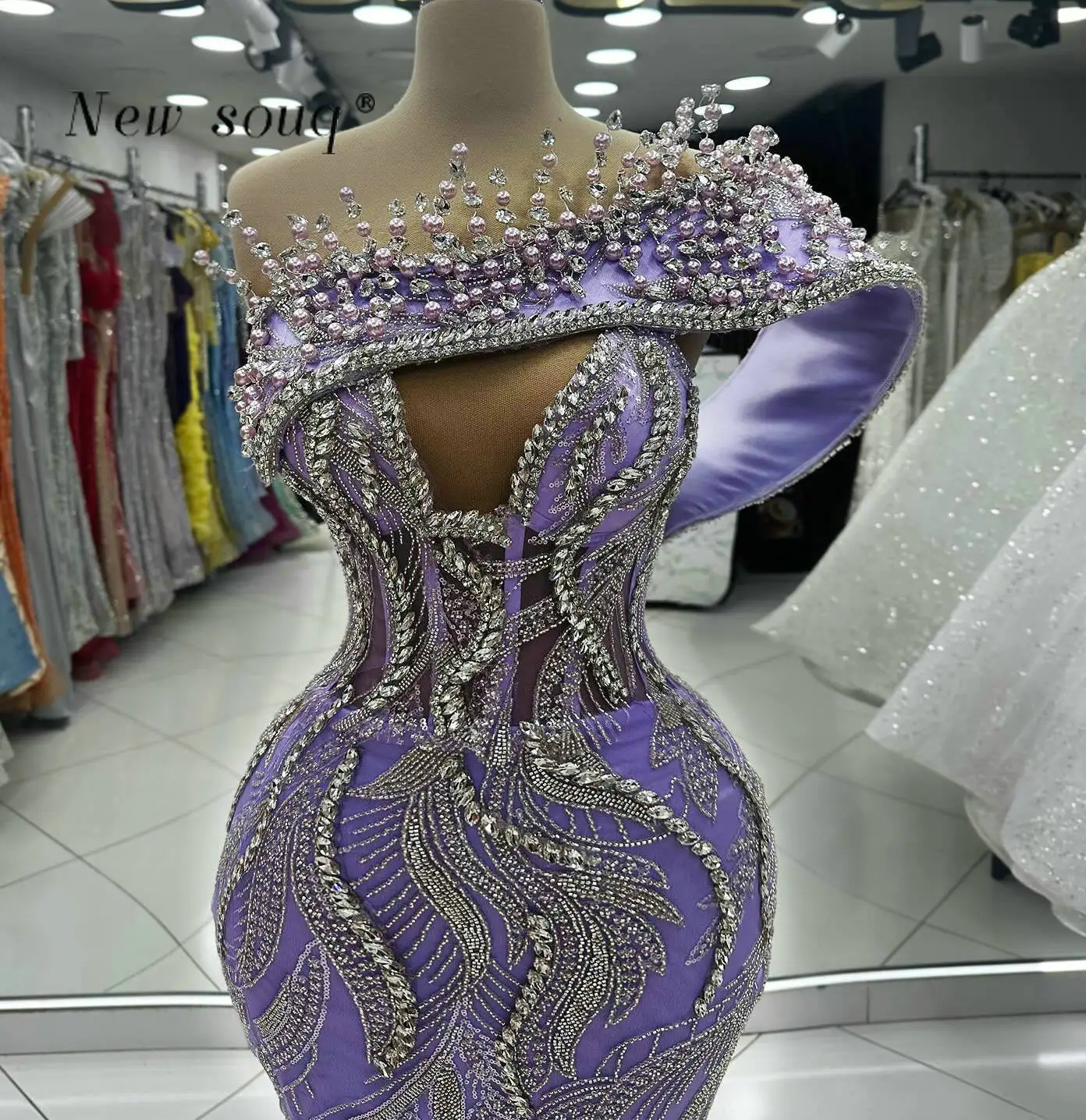 Newest Medium Purple One Shoulder Long Evening Dresses Pearls Beaded Crystals Mermaid Formal Women's Prom Night Party Gowns