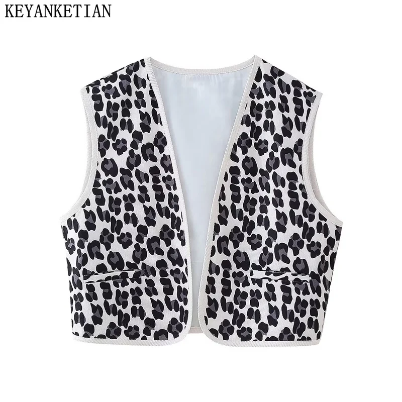 

KEYANKETIAN 2024 New Launch Women's Corduroy Leopard Vest Retro style Pockets Sleeveless Loose Thin Waistcoat Outerwear Crop Top