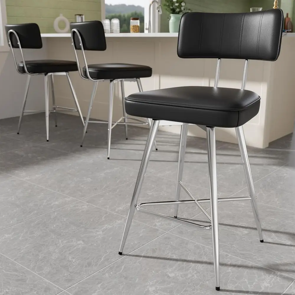 

Bar Stools Set of 3, Kitchen Counter stools with Backs and Metal Legs, 26 Swivel Barstools for Counter Height, Faux Leather in