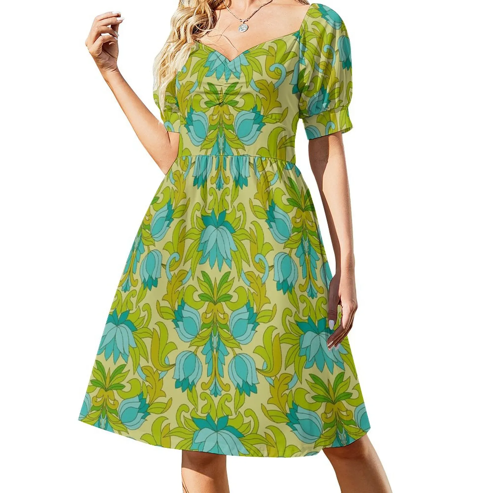 Turquoise and Green Leaves 1960s Retro Vintage Pattern Short Sleeved Dress fairy dress Dress