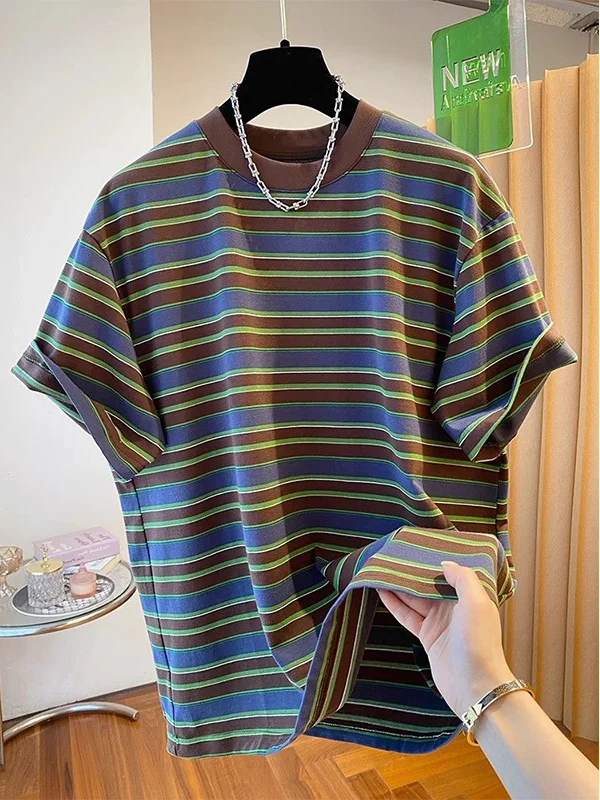 Plus size 300 libras americano retro t manga curta cseta fena verão casual solto bloco de cores meia manga topo