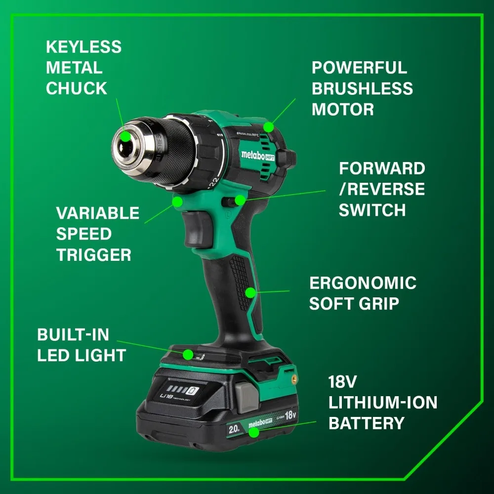 Voltios múltiples de 18 V ™   Kit combinado de taladro y controlador de impacto sin escobillas inalámbrico, kit de herramientas eléctricas, 2 baterías Metabo HPT de iones de litio