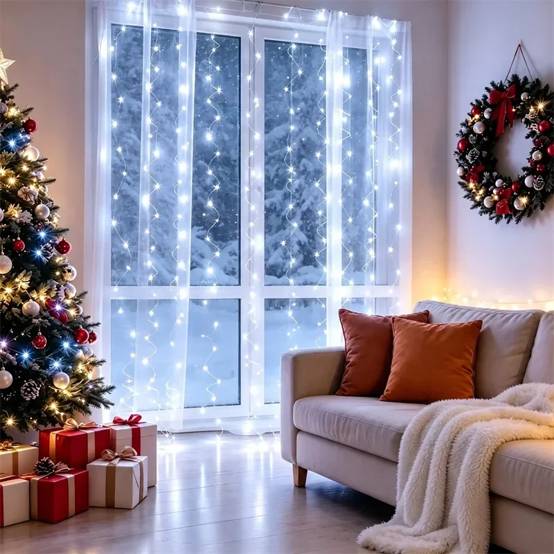 USB Curtain LED Lights Remote Control Christmas Fairy Lights with 8 Modes for Bedroom Window Wedding Holiday Party Decoration