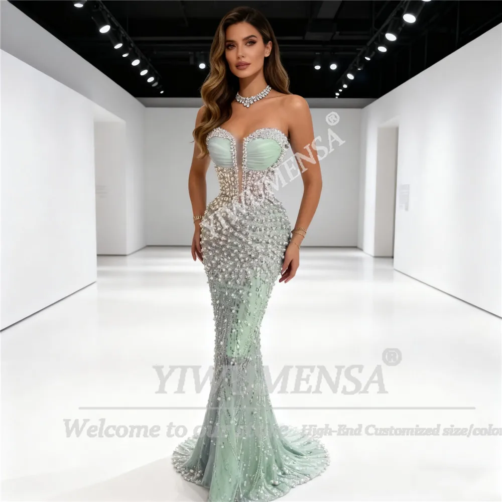 Luxury Shinny Pearls Sweetheart Evening Dresses 2025 Beaded Tulle Mermaid Prom Gowns Saudi Arabia Customized Robes De Soiree