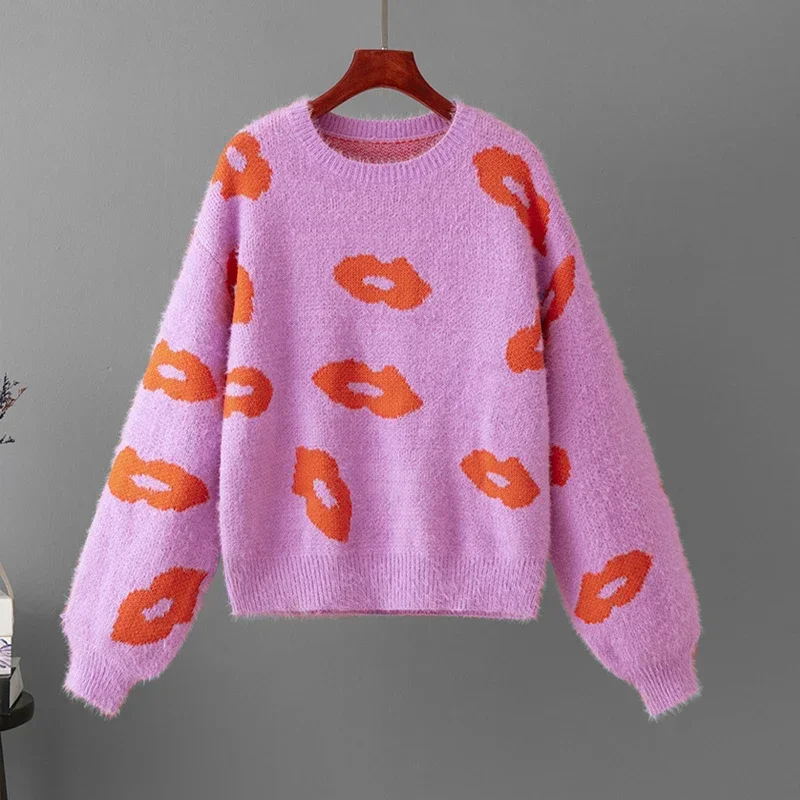 Casual Loose Warm Soft Sweater Winter Women Pullover New Women Valentine's Day Jumper O Neck Korean Pullover kiss Love Sweater