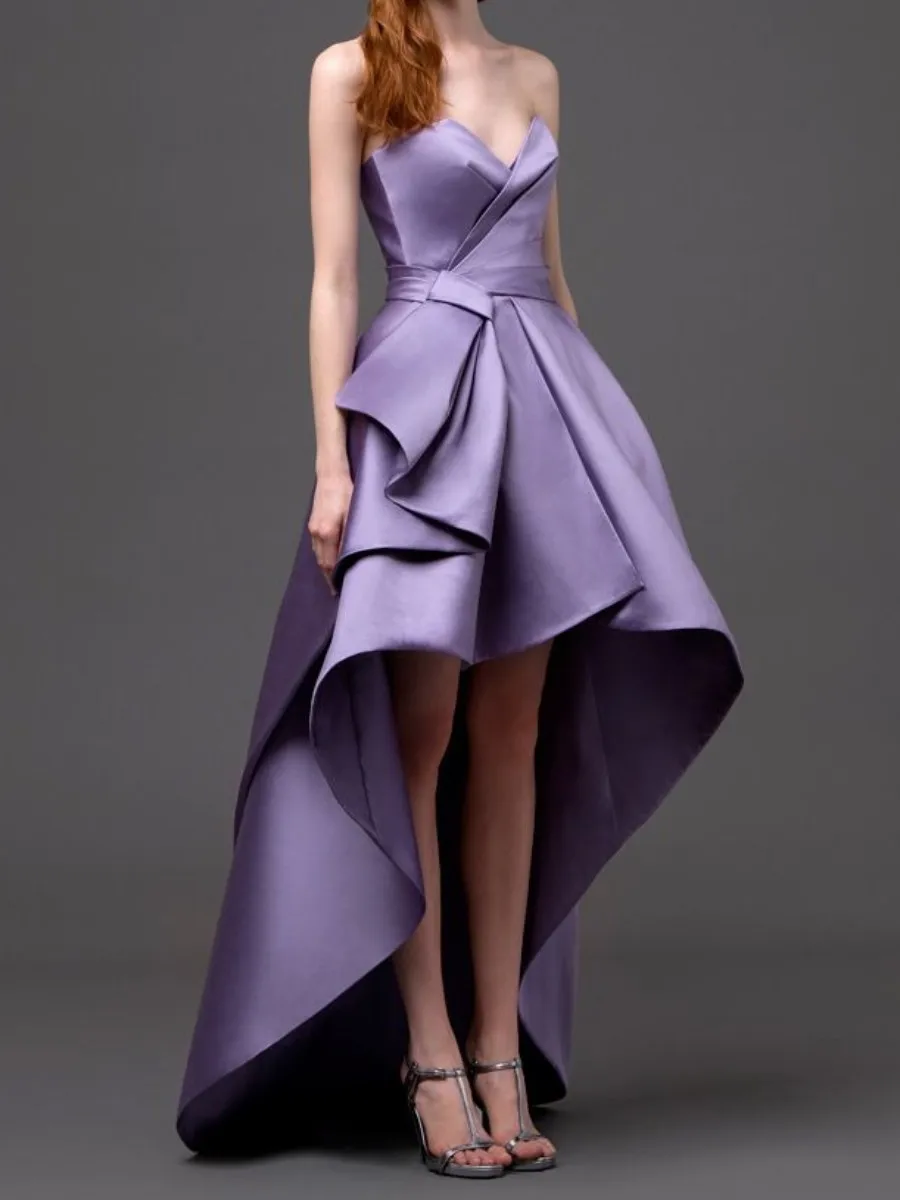 2023 Purple Satin Cocktail Dress Sleeveless High Low Sweetheart Ball Gown Simply Elegant Princess Party Homecoming Club Dress