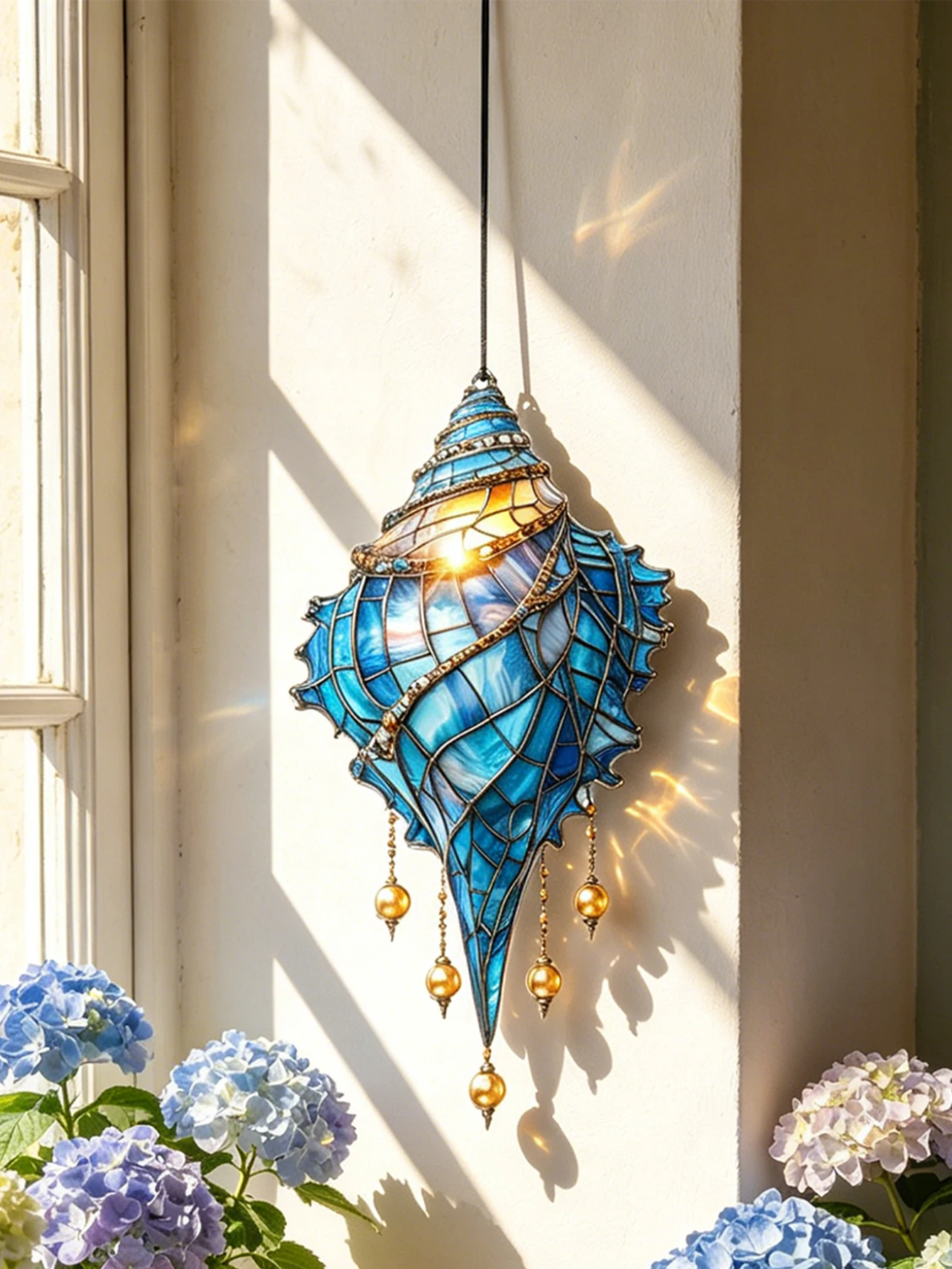 Blue Conch Seashell Suncatcher, Stained Glass Style Acrylic Hanging Ornament, Ocean Theme Window Wall Art Decor for Home & Gift