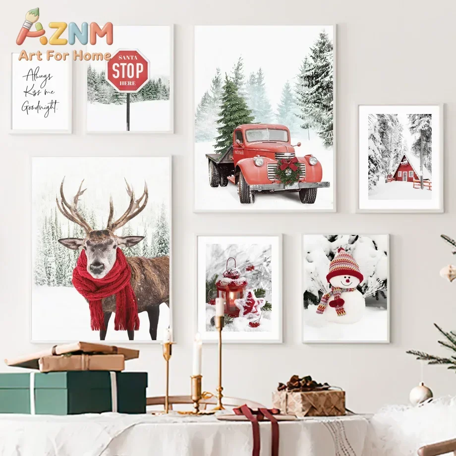 AZNM Christmas Winter Snow Forest Red Truck Deer Santa Canvas Wall Art, Frameless Nordic Holiday Canvas Print Poster for Living