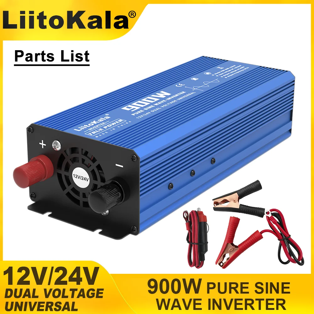 LiitoKala Intelligent 900W Sine Wave Inverter 12V/24V Input 220V 50Hz Output Multiple Protection Metal Shell